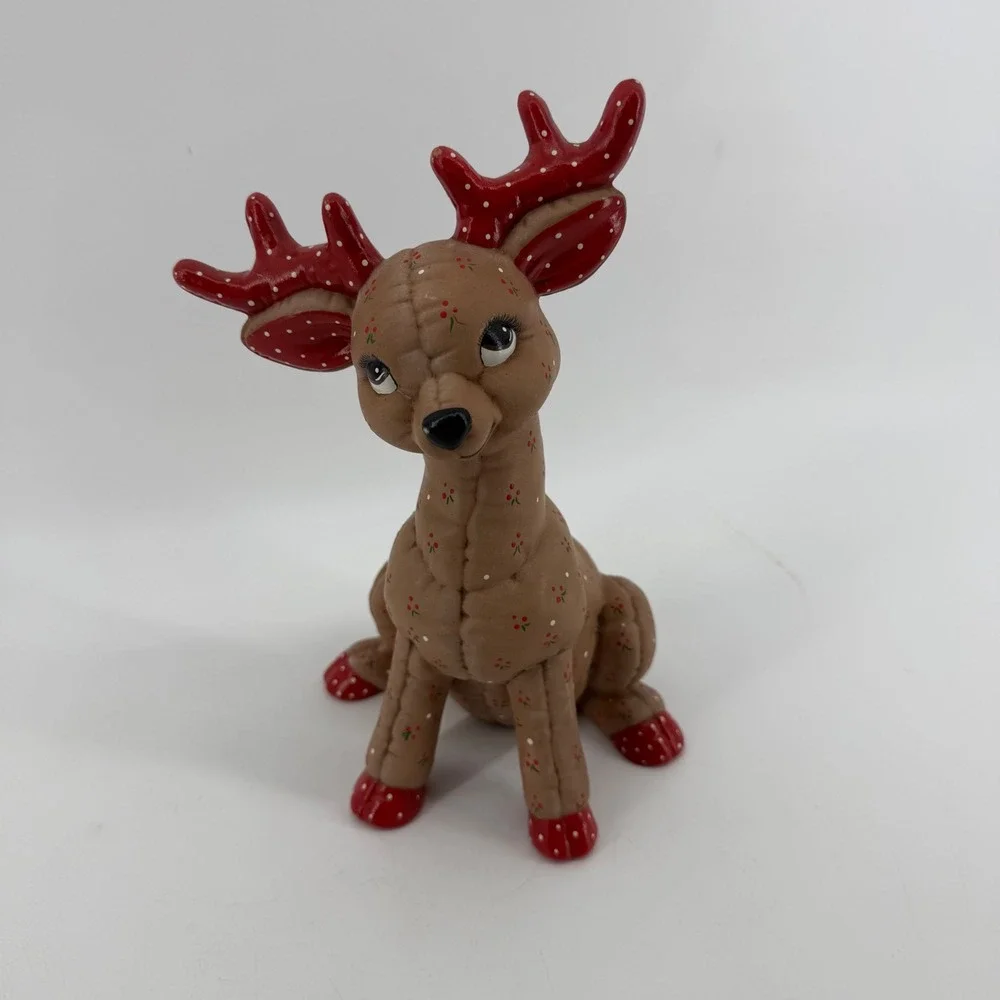 Vintage 1986 Signed Kimple Mold Quilted Christmas Ceramic Reindeer & Sleigh Set